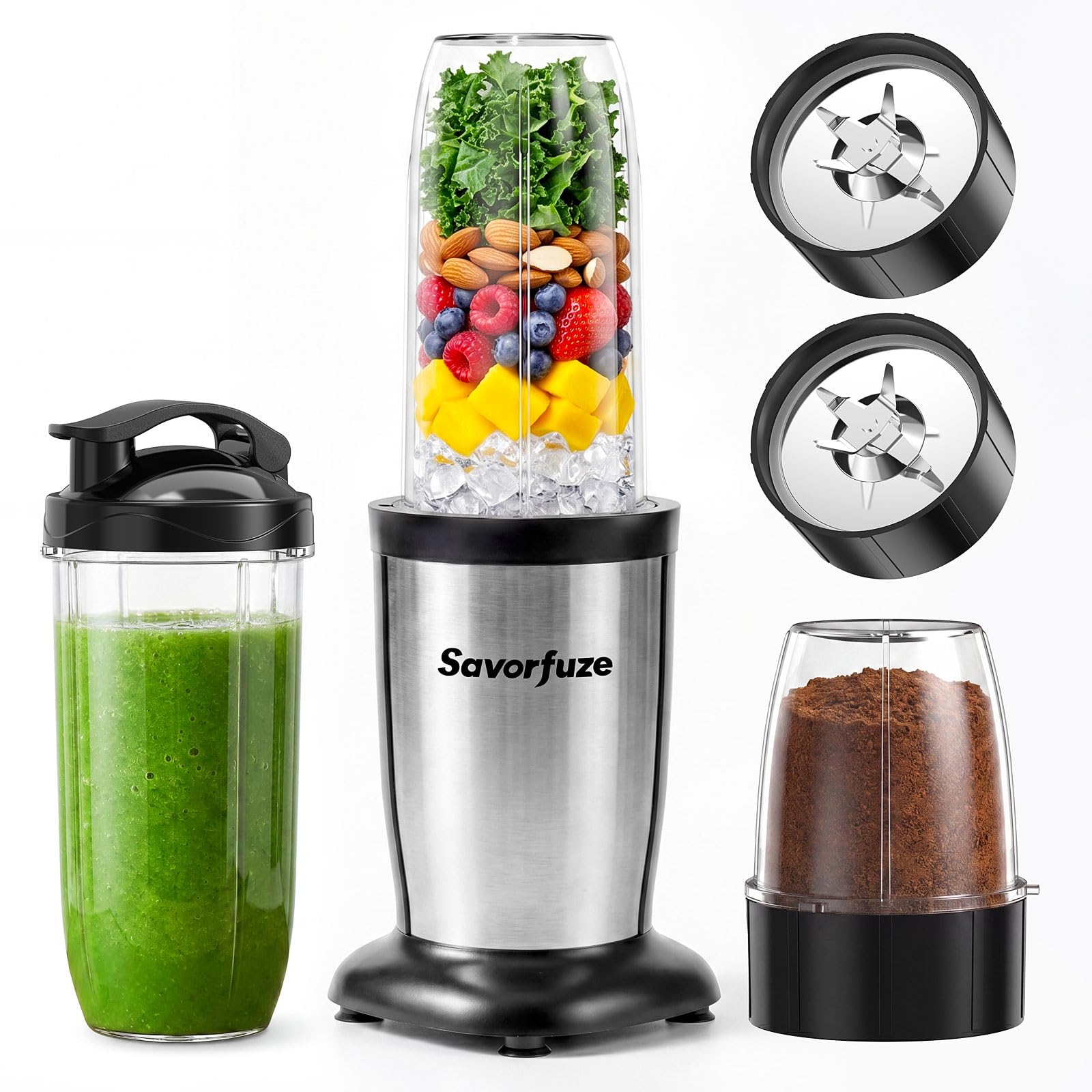 900W Smoothie Blender with Grinder Combo, Personal Blender for Smoothies and Shakes, BPA-Free Single Serve Smoothie Maker with 2x24oz To-Go Cup & 10oz Grinding Cup, Blend for Protein Shakes & Spices