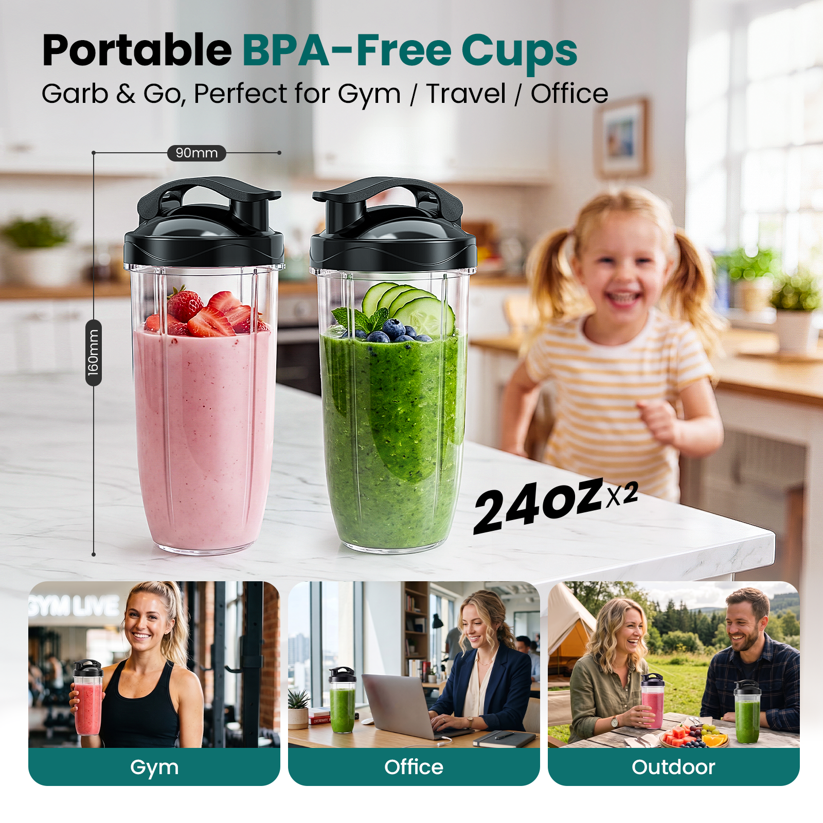 900W Smoothie Blender with Grinder Combo, Personal Blender for Smoothies and Shakes, BPA-Free Single Serve Smoothie Maker with 2x24oz To-Go Cup & 10oz Grinding Cup, Blend for Protein Shakes & Spices