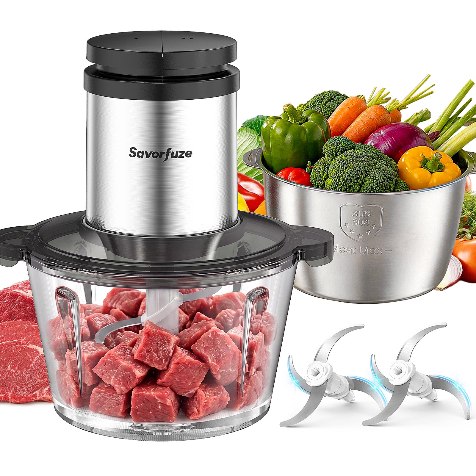 Food Processor with Dual Bowls, 2-Speed Food Chopper & Meat Grinder