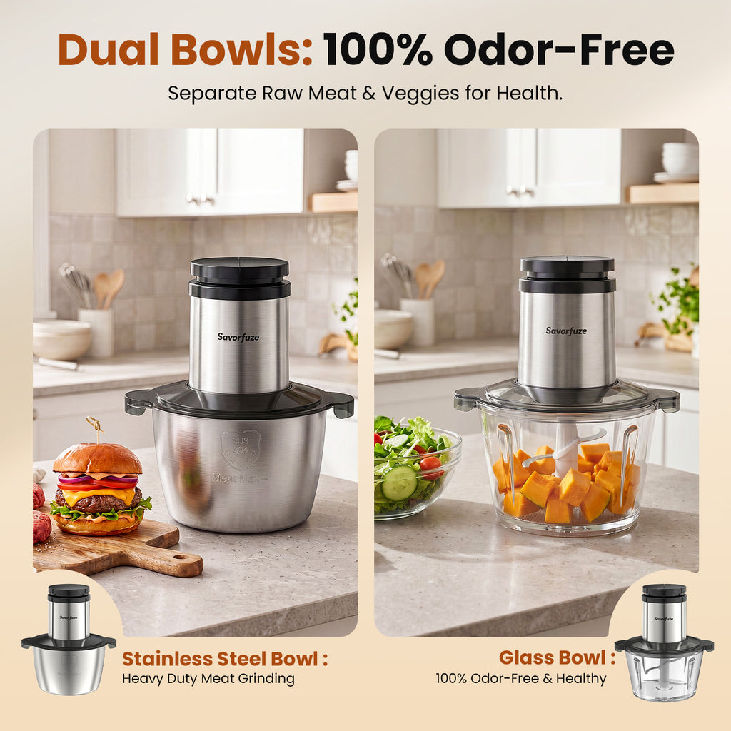 Food Processor with Dual Bowls, 2-Speed Food Chopper & Meat Grinder